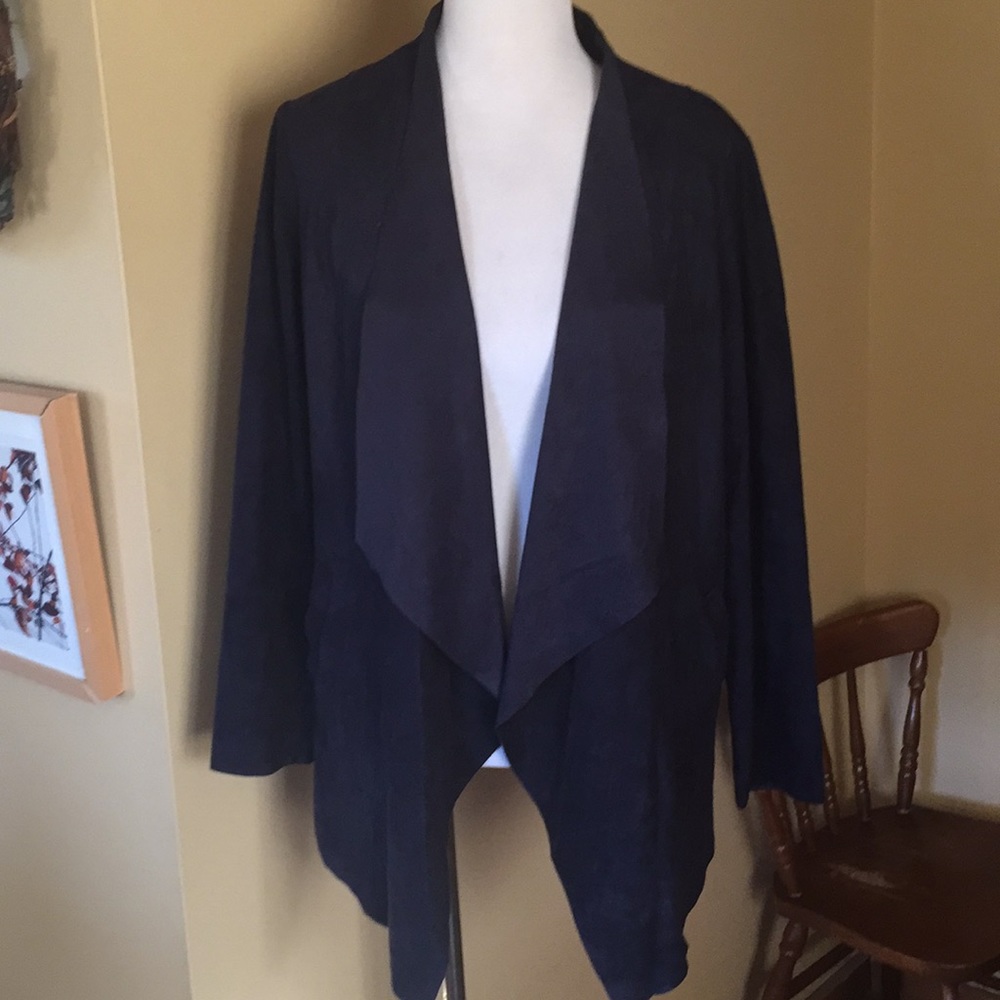 CHICOS Size  Large 2 Drape Front Navy Sueded Waterfall Blazer Versatile $149 NEW